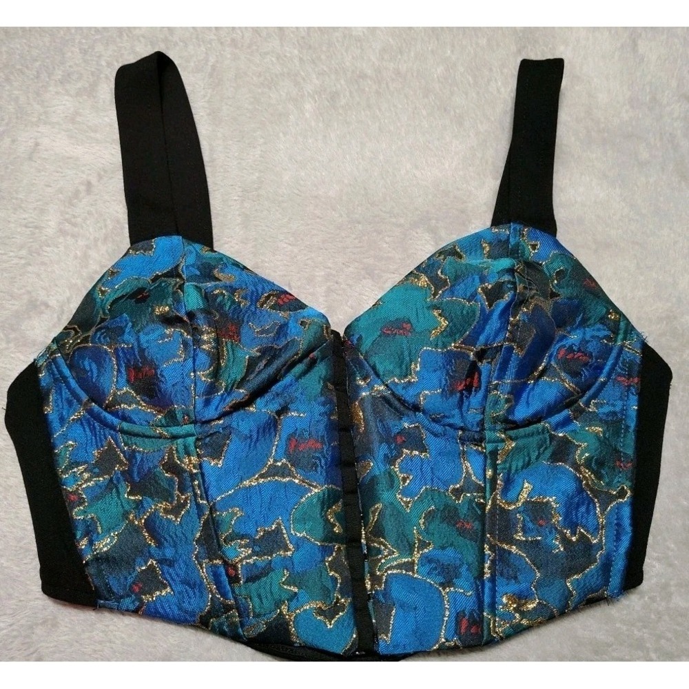 Zara Wired Corset Top Ladies M Blue/Black Quilted Bustier Front Closure Evening
